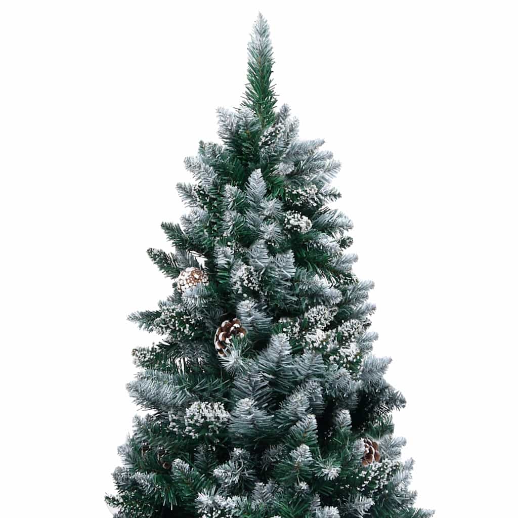 A 70.9-inch pre-lit artificial Christmas tree with green branches, white snow tips, rose gold balls, pine cones, and 150 LEDs.