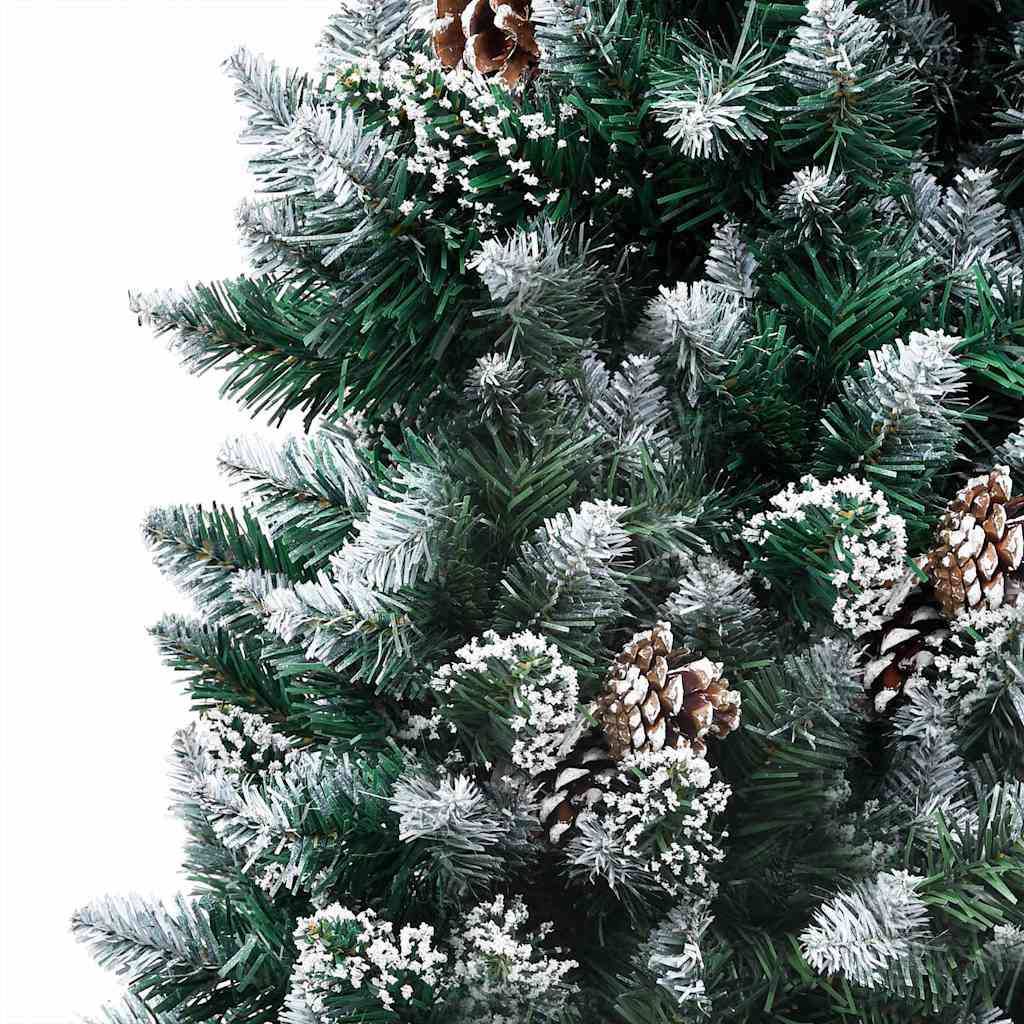 A 70.9-inch pre-lit artificial Christmas tree with green branches, white snow tips, rose gold balls, pine cones, and 150 LEDs.