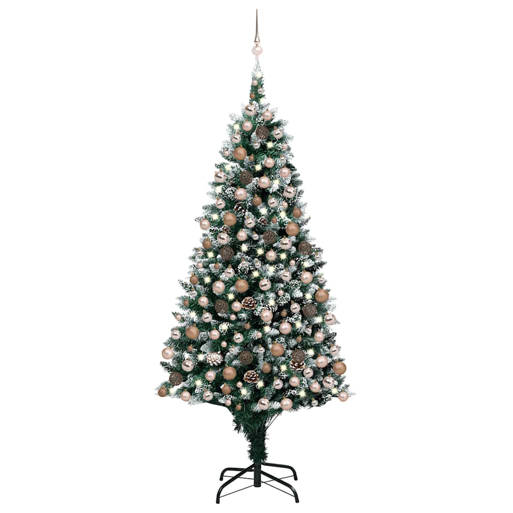 An 82.7-inch pre-lit artificial Christmas tree with snow-tipped branches, rose gold balls, and LED lights on a black stand.