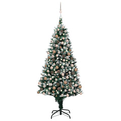 An 82.7-inch pre-lit artificial Christmas tree with snow-tipped branches, rose gold balls, and LED lights on a black stand.
