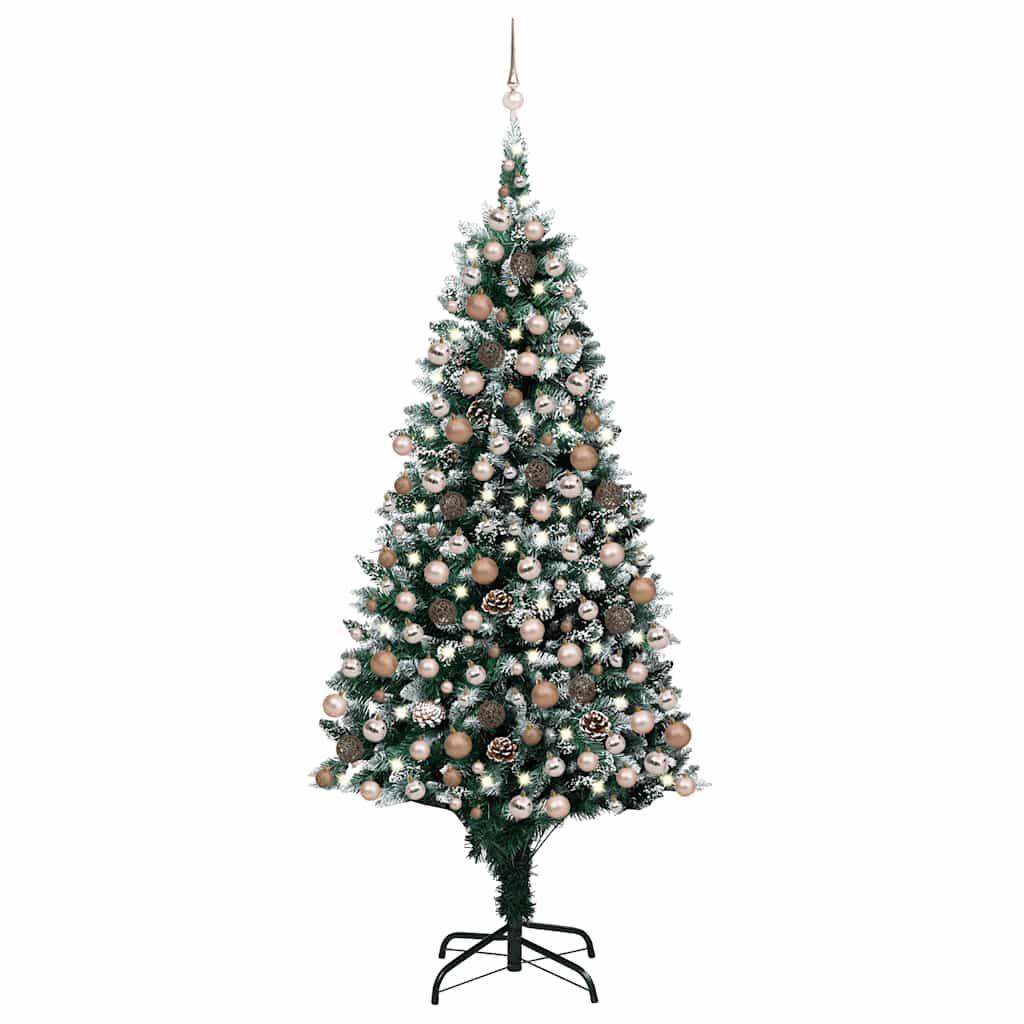 94.5-inch pre-lit artificial Christmas tree with snow tips and rose gold balls.