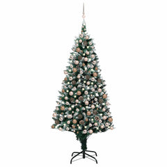 94.5-inch pre-lit artificial Christmas tree with snow tips and rose gold balls.