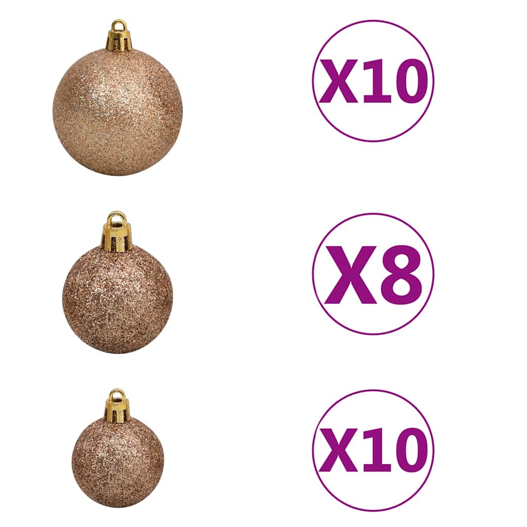 Three rows of rose gold glitter Christmas ornaments, with quantities of 10, 8, and 10.