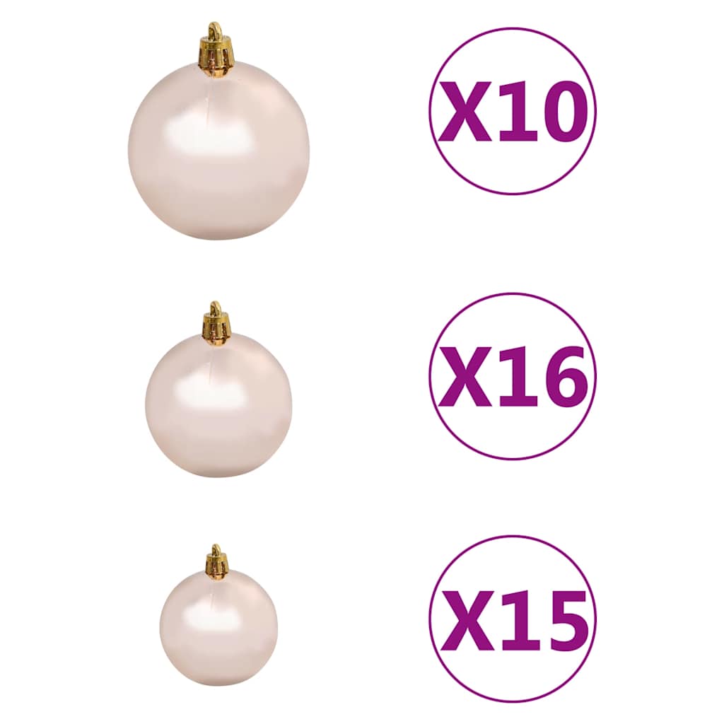 Three sizes of rose gold Christmas ornaments with gold tops, labeled x10, x16, and x15.