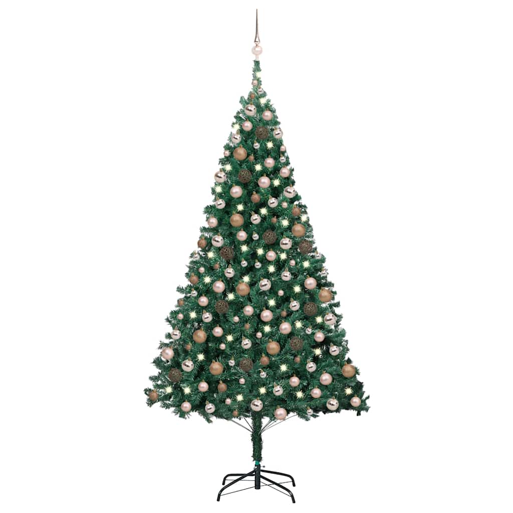 94.5-inch pre-lit artificial Christmas tree in green PVC with rose gold ornaments.