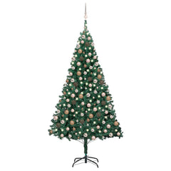 94.5-inch pre-lit artificial Christmas tree in green PVC with rose gold ornaments.