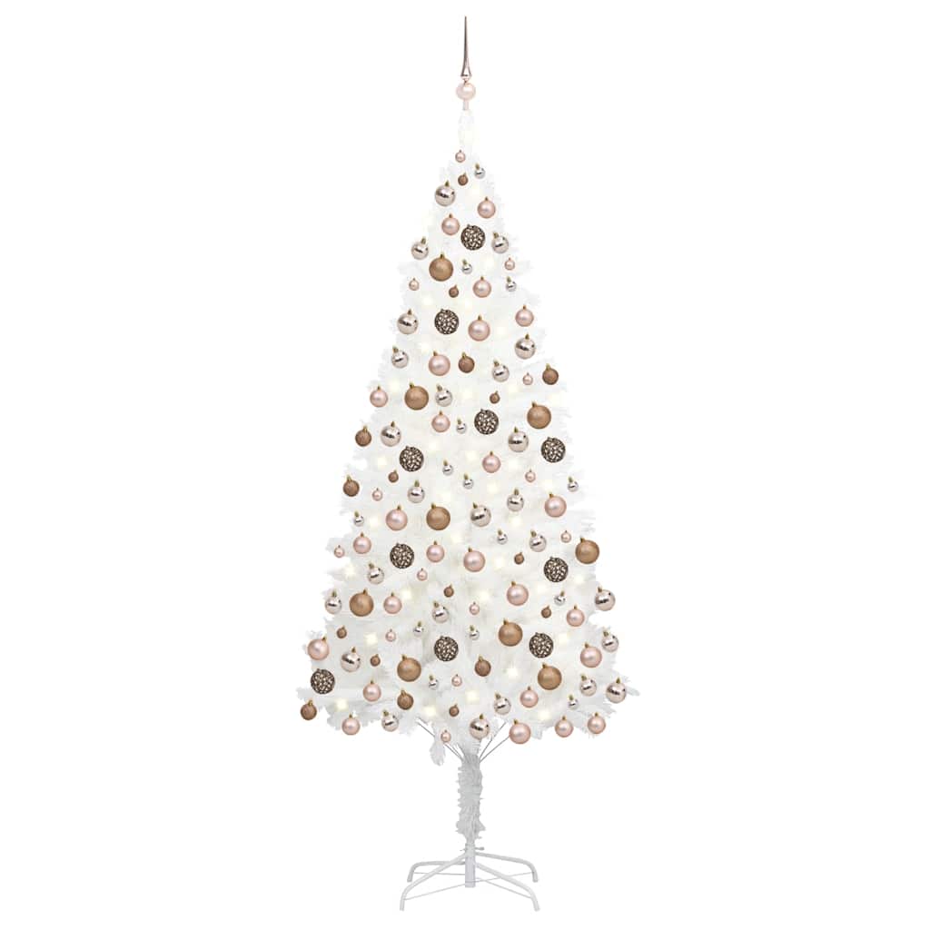 82.7-inch white pre-lit artificial Christmas tree with rose gold balls.