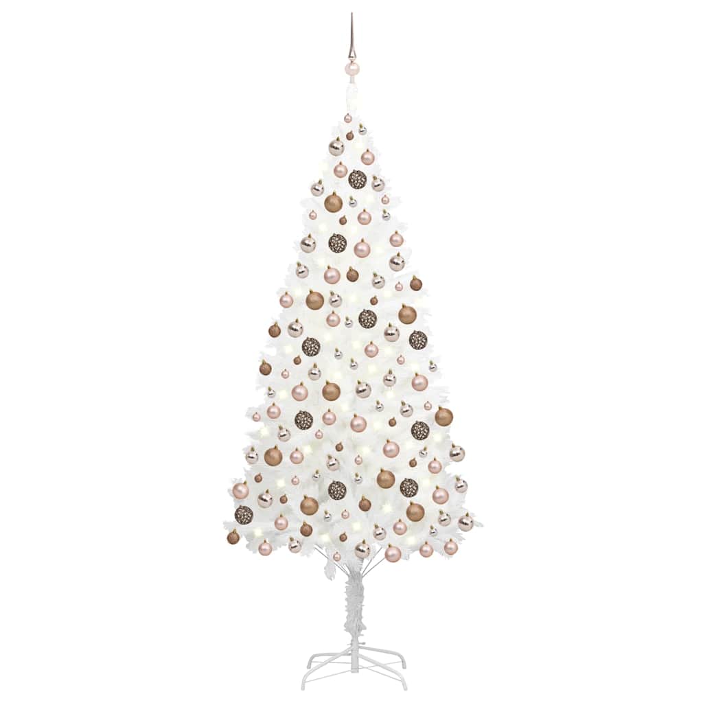 A 94.5-inch white pre-lit artificial Christmas tree adorned with rose gold balls.