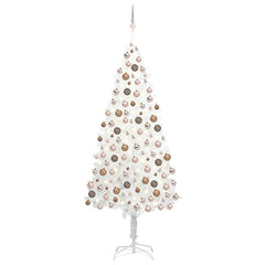 A 94.5-inch white pre-lit artificial Christmas tree adorned with rose gold balls.