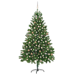 An 82.7-inch pre-lit artificial Christmas tree in green with rose gold balls.