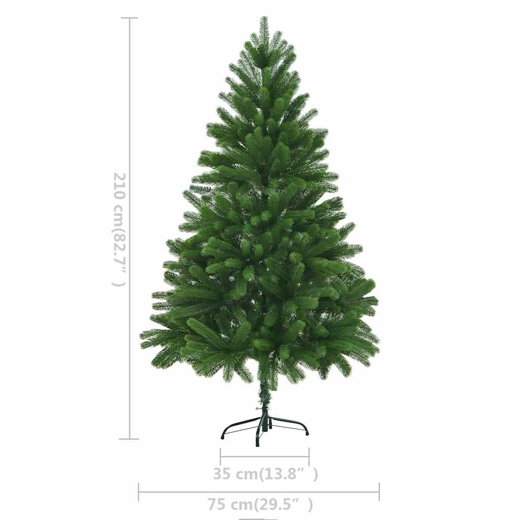 82.7-inch pre-lit artificial green Christmas tree with rose gold balls and size diagram.