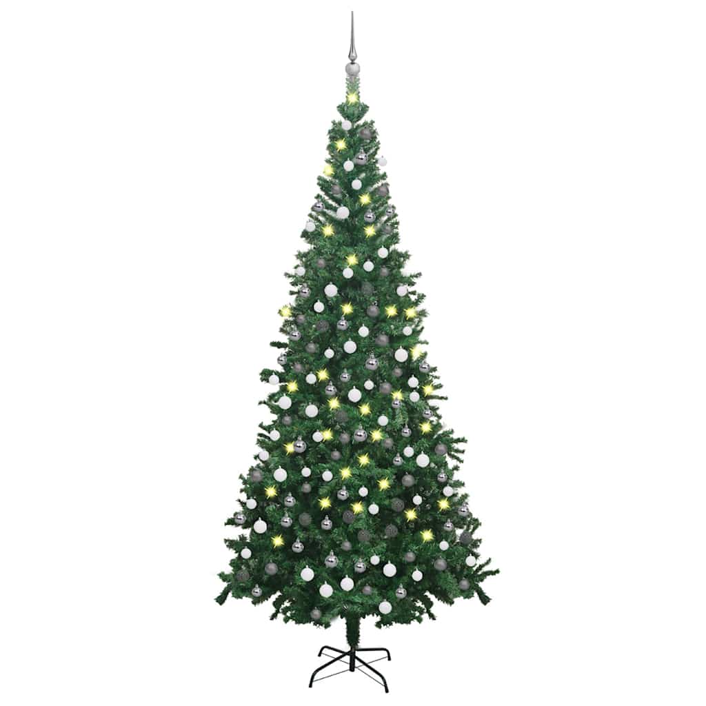 A 94.5-inch pre-lit artificial Christmas tree in green PVC with shiny balls and LED lights.