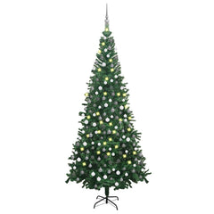 A 94.5-inch pre-lit artificial Christmas tree in green PVC with shiny balls and LED lights.