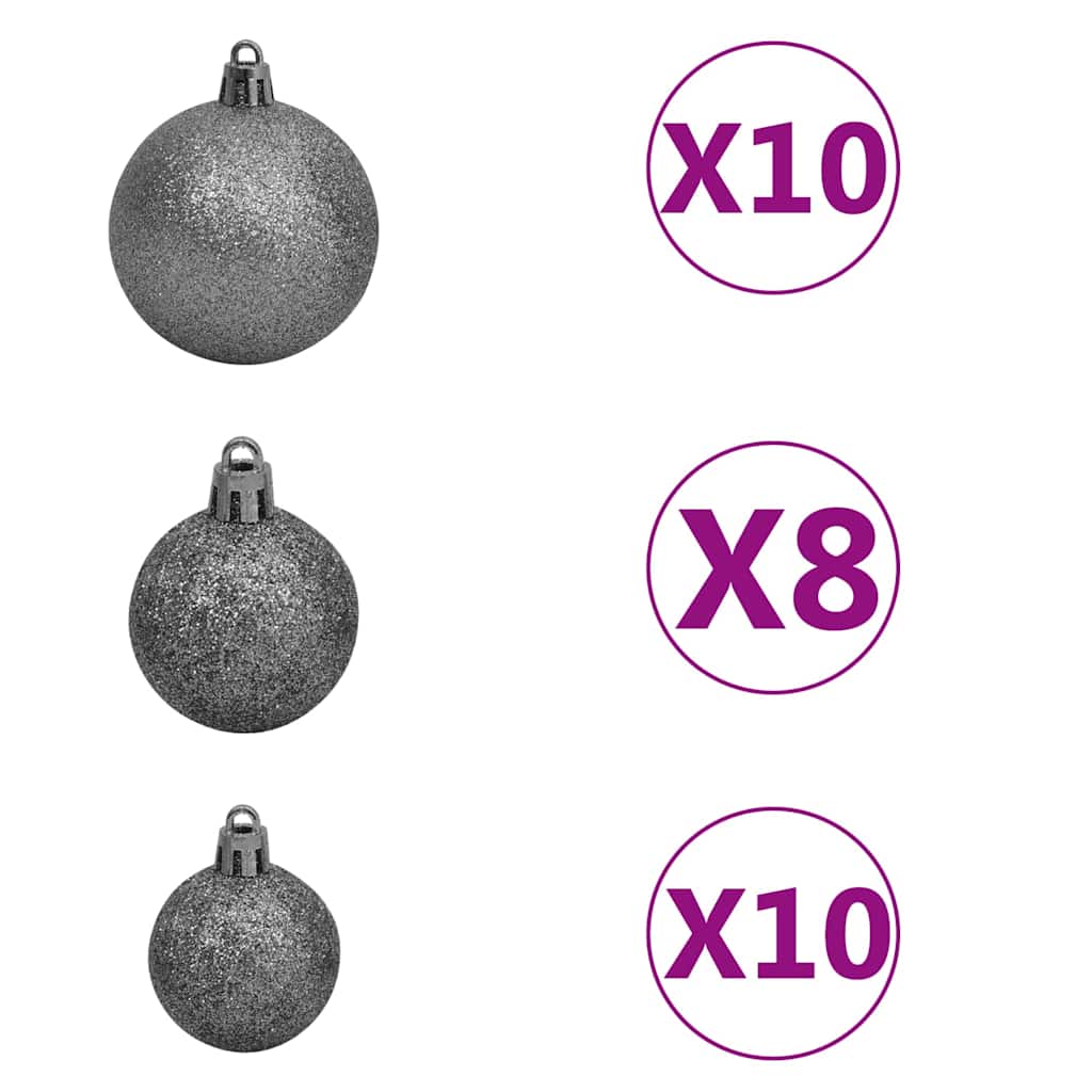 Three sizes of gray glitter Christmas tree ornaments with quantities of x10, x8, and x10.