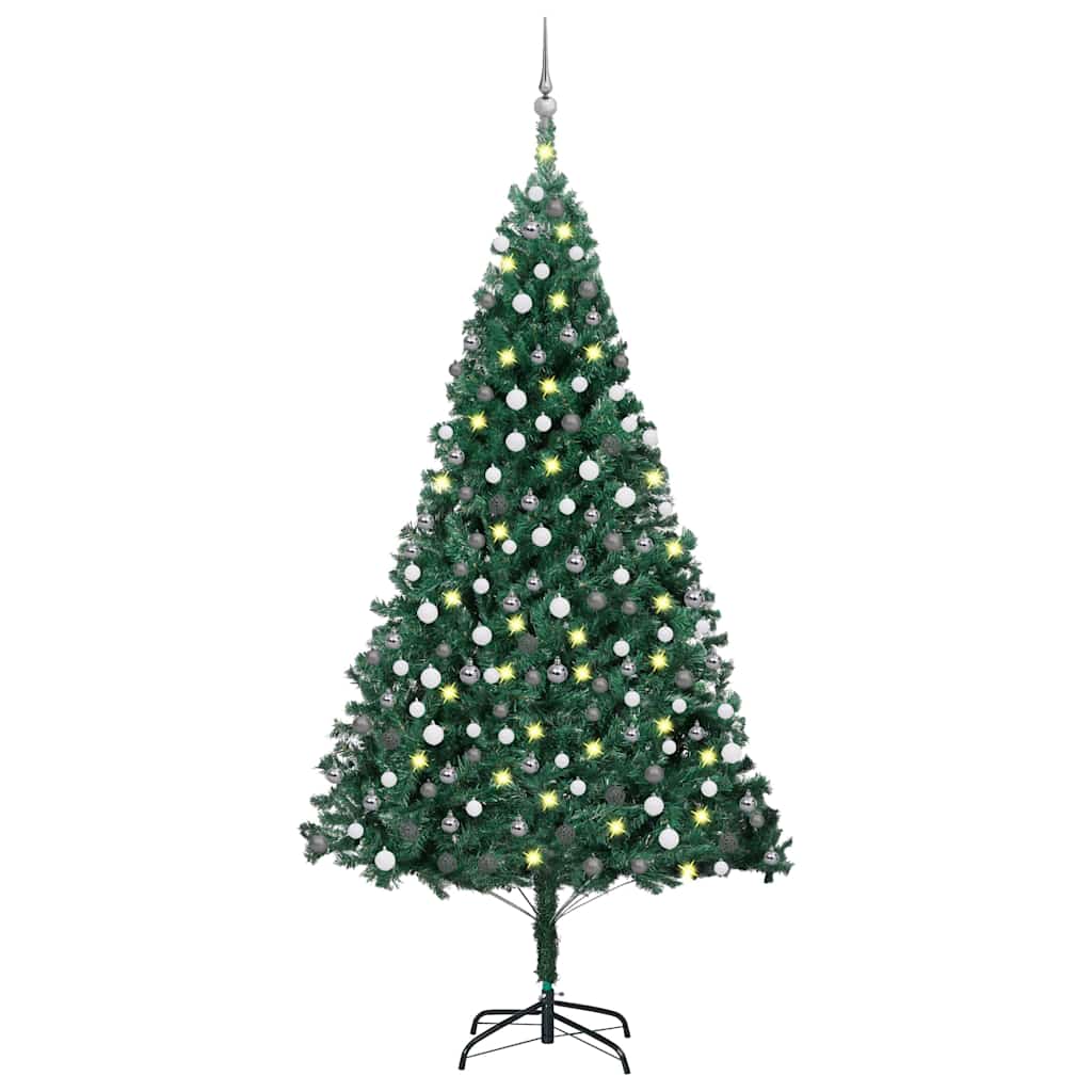 A 94.5-inch green pre-lit artificial Christmas tree with white LED lights and 120 assorted balls.
