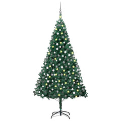A 94.5-inch green pre-lit artificial Christmas tree with white LED lights and 120 assorted balls.