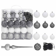 A 94.5-inch pre-lit green artificial Christmas tree with 120 assorted matte and glitter balls and a peaked topper.