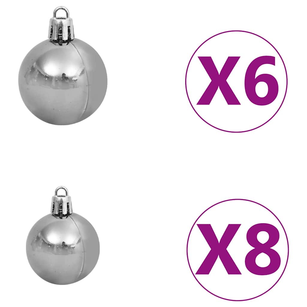 Silver and white metallic Christmas tree ornaments in various sizes, sold in packs of 6 and 8.