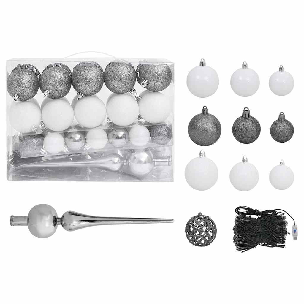 A 47.2-inch white pre-lit artificial Christmas tree with 61-piece white and gray ball ornaments.