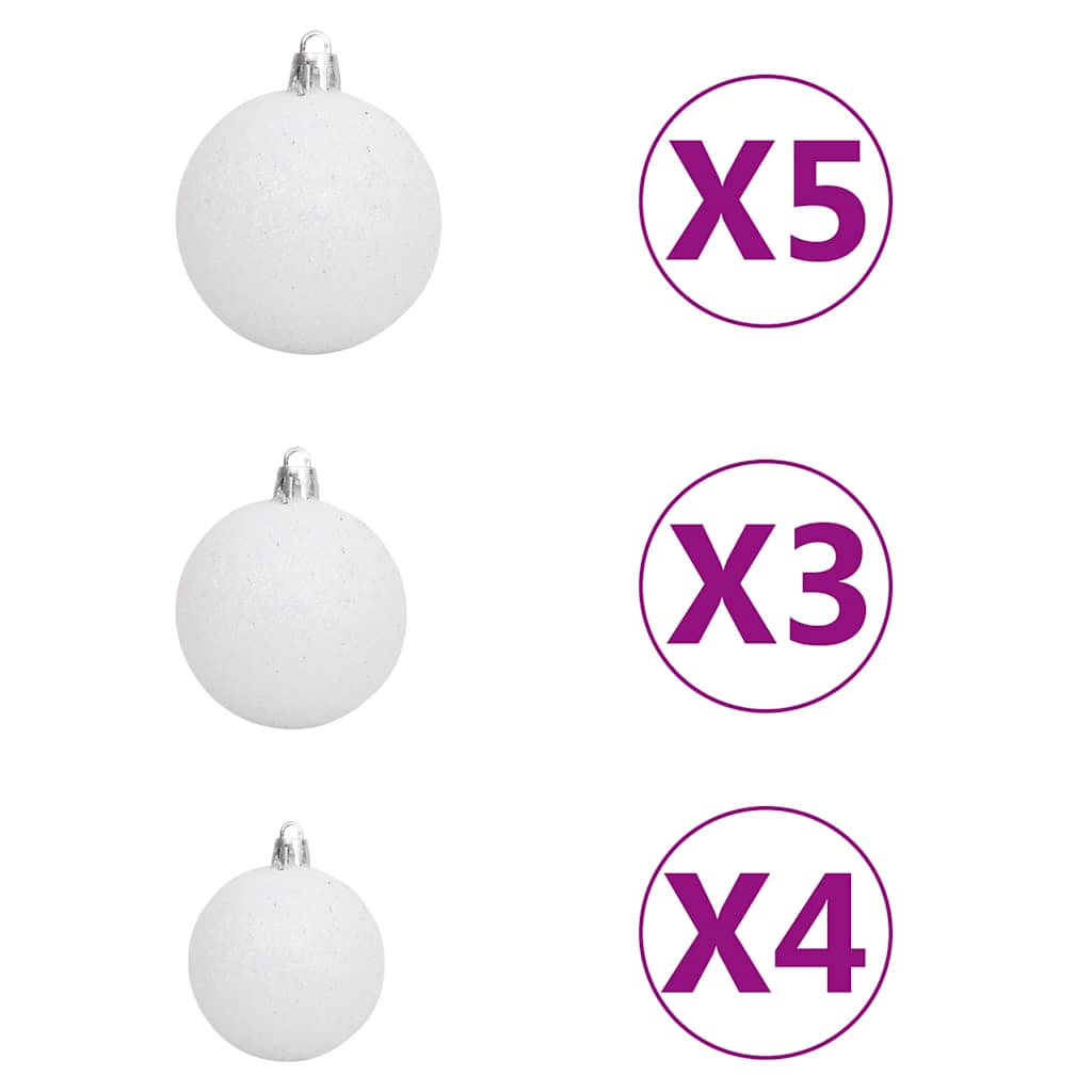 Set of white Christmas balls in three sizes with quantities five, three, and four each.