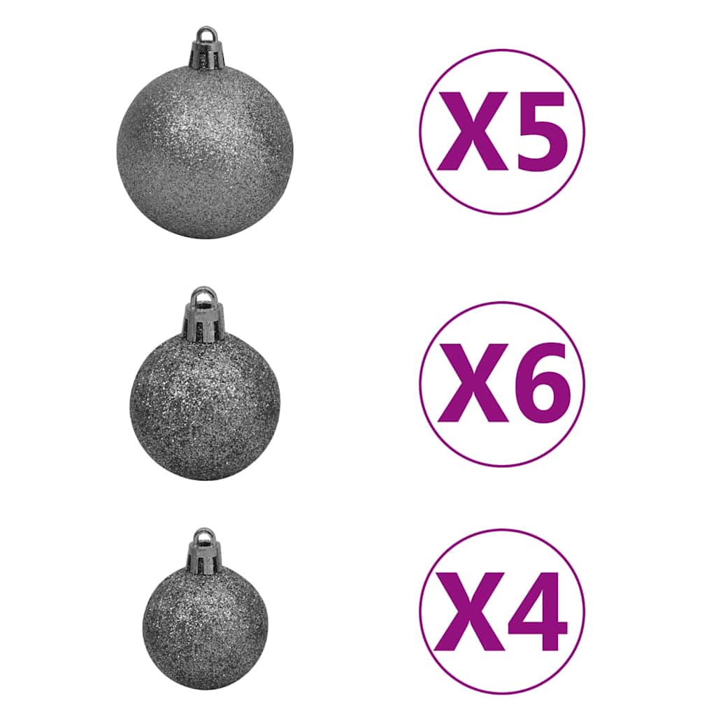 Set of shimmering gray Christmas tree ornaments in small, medium, and large sizes, sold in packs of 4, 5, and 6.