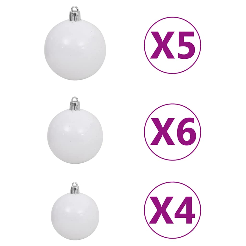 White pre-lit artificial Christmas tree with sets of 4, 5, and 6 hanging white balls.