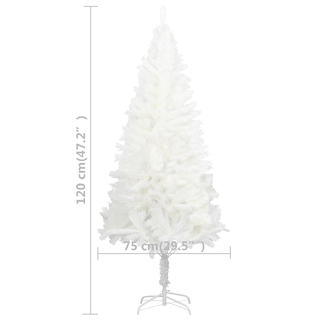 A 47.2-inch white pre-lit artificial Christmas tree with a ball set and dimensions shown.