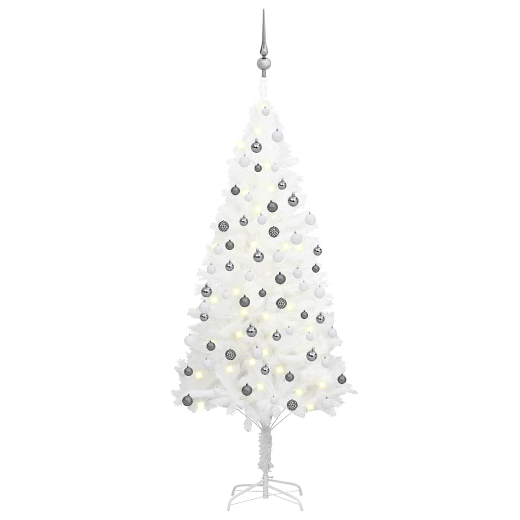 A 59.1-inch white pre-lit artificial Christmas tree with gray ball ornaments.