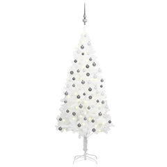 A 59.1-inch white pre-lit artificial Christmas tree with gray ball ornaments.