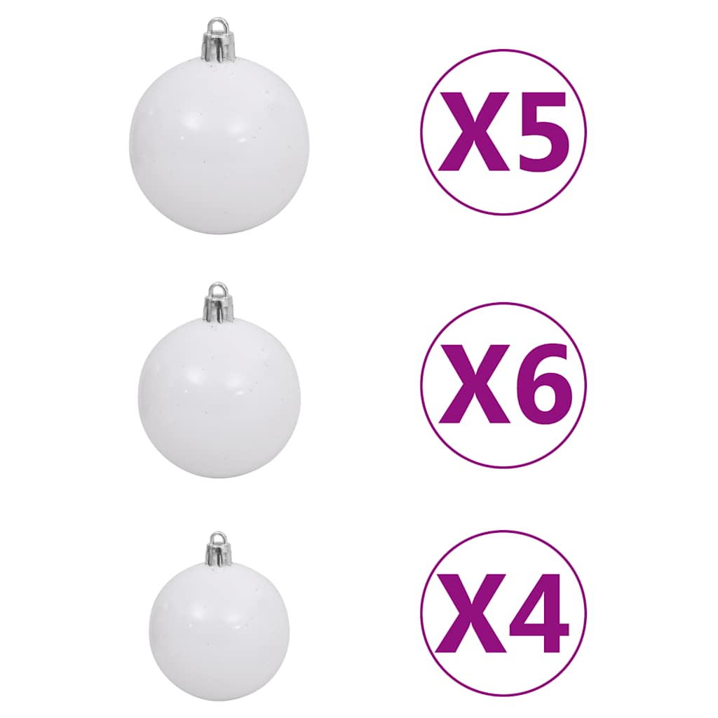 White pre-lit artificial Christmas tree with sets of 4, 5, and 6 matte white ornament balls.