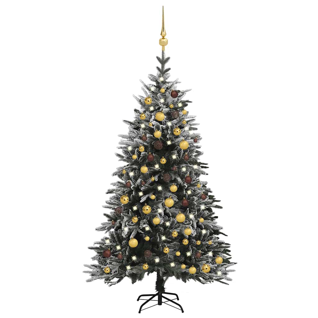 A 6ft flocked snow artificial Christmas tree with LED lights and gold ornaments.