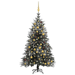 A 6ft flocked snow artificial Christmas tree with LED lights and gold ornaments.