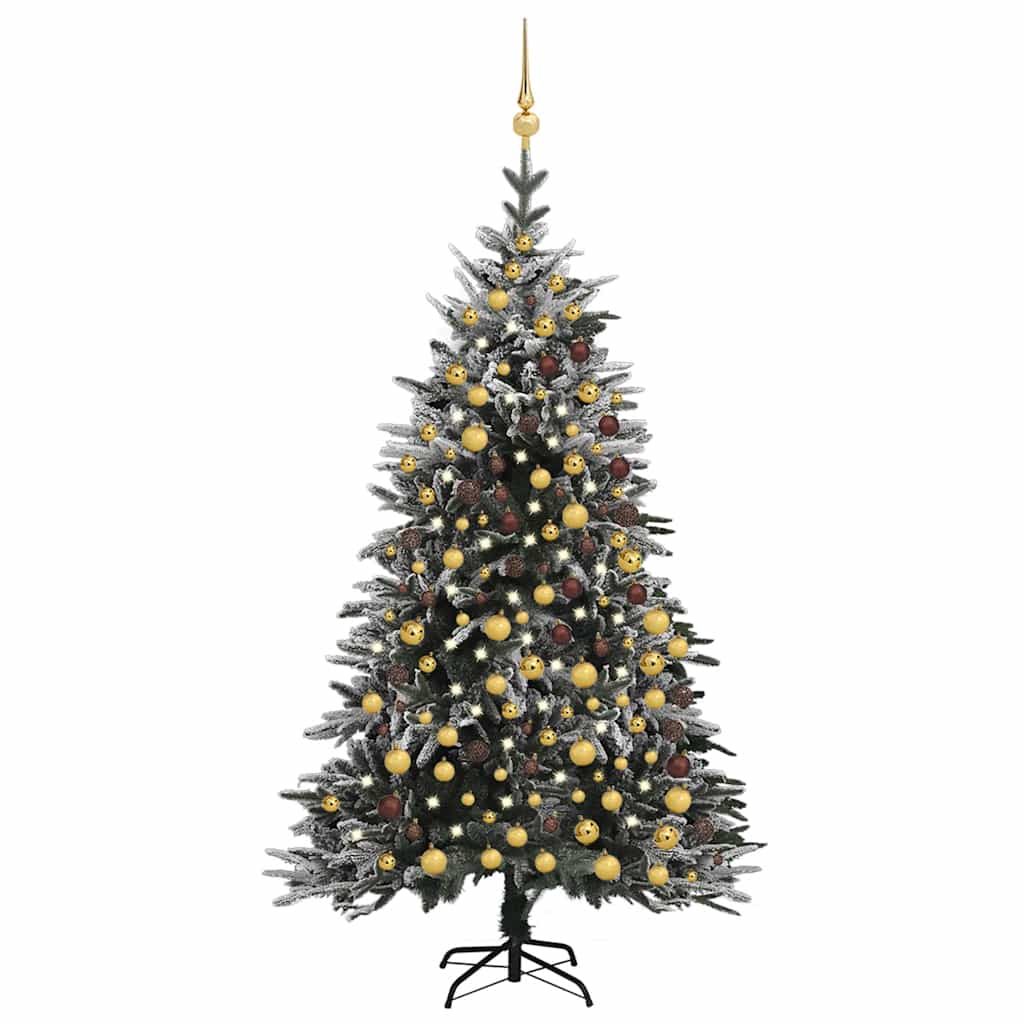7ft flocked snow artificial Christmas tree with LED lights and gold ornaments.