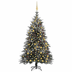 7ft flocked snow artificial Christmas tree with LED lights and gold ornaments.