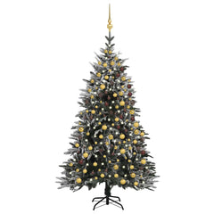 94.5-inch flocked snow artificial Christmas tree with warm white LED lights and gold ornaments.