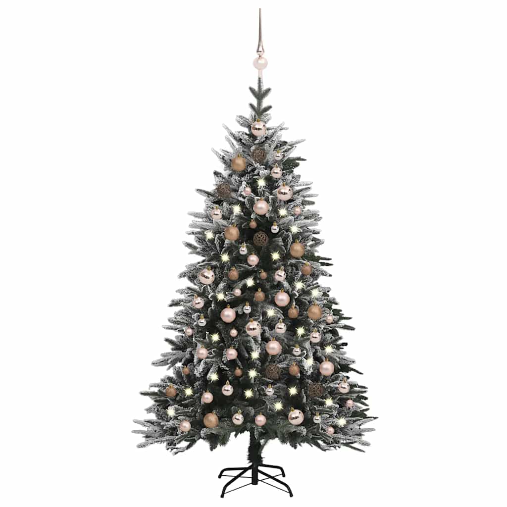 A 6ft flocked snow artificial Christmas tree with warm LED lights and rose gold ball ornaments.