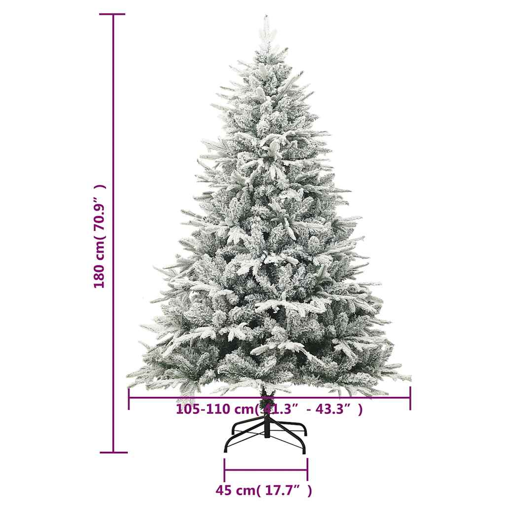A flocked artificial Christmas tree with dimensions of 180 cm (70.9") height and 105-110 cm (41.3"-43.3") width, on a 45 cm (17.7") stand.