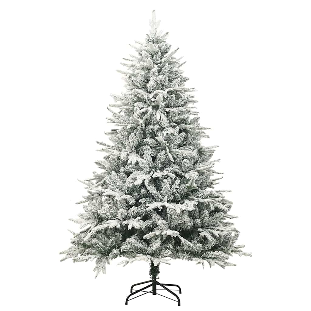 A 6ft flocked artificial Christmas tree with a black stand.