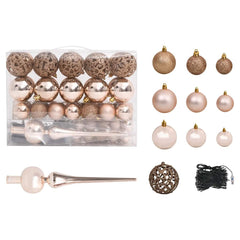 A set of rose gold Christmas ornaments in various sizes and finishes, with a tree topper and string lights.