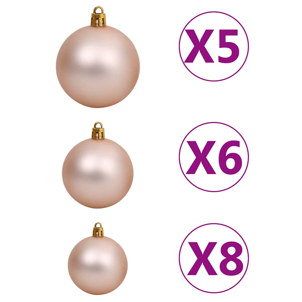 Three rose gold Christmas ornaments are shown with quantities of 5, 6, and 8.