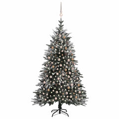 7ft flocked snow artificial Christmas tree with LED lights and rose gold ornaments.