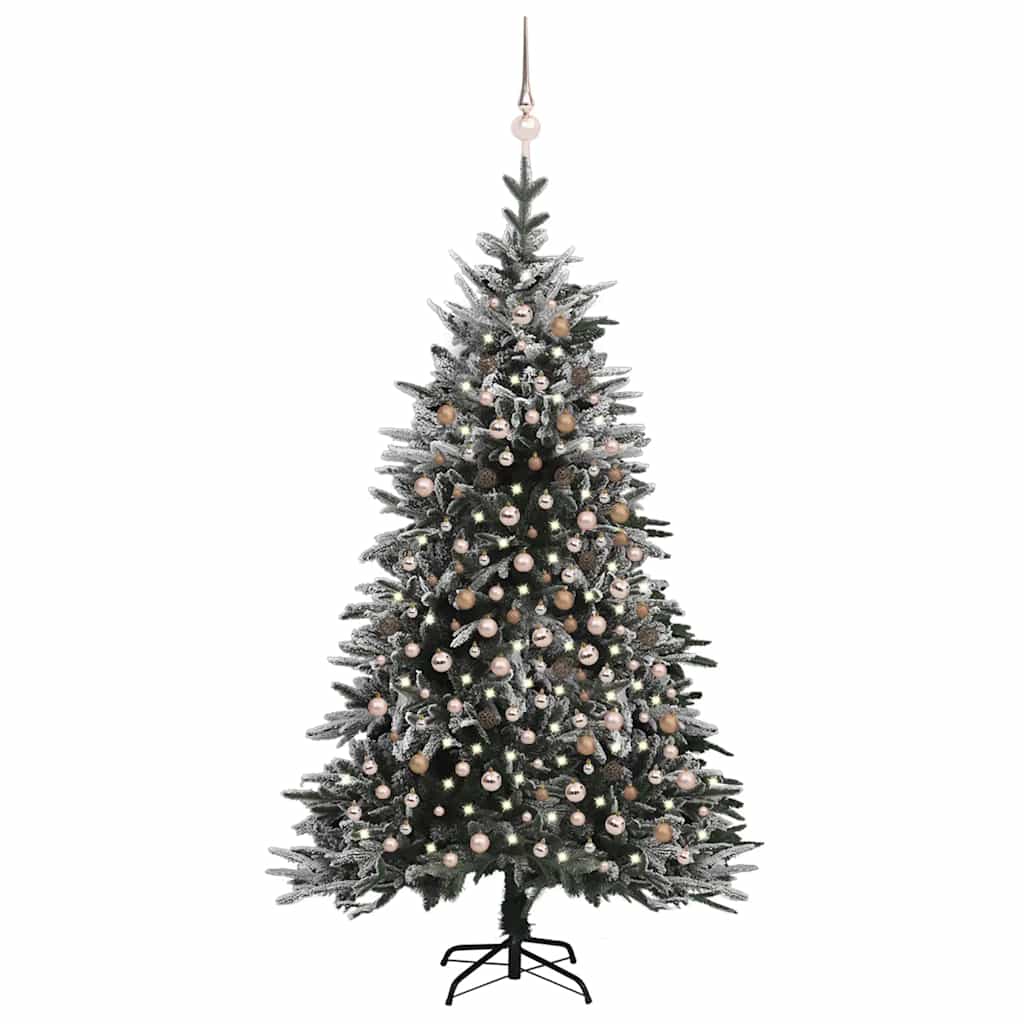 7ft flocked snow artificial Christmas tree with warm LED lights and rose gold ornaments.