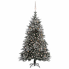 7ft flocked snow artificial Christmas tree with warm LED lights and rose gold ornaments.