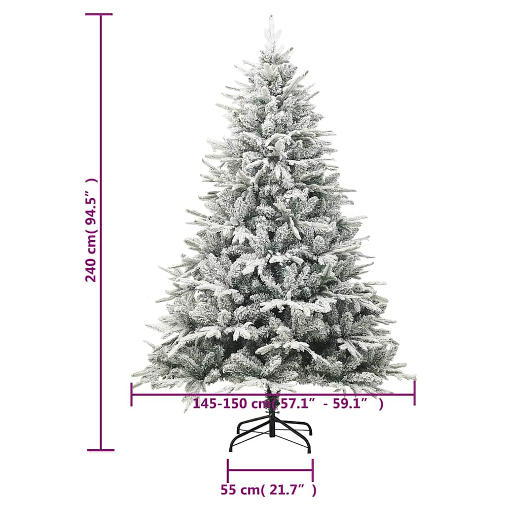 7ft flocked snow artificial Christmas tree with LED lights, rose gold balls, and size diagram.