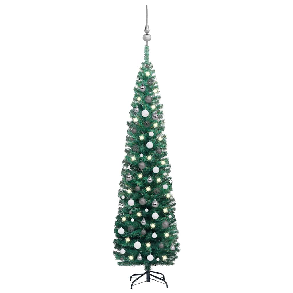 Slim green pre-lit artificial Christmas tree, 82.7 inches tall, with ball ornaments.