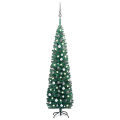 Slim green pre-lit artificial Christmas tree, 82.7 inches tall, with ball ornaments.