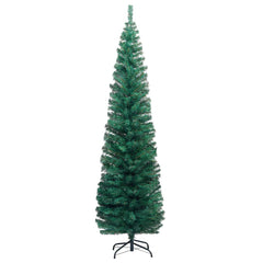 Slim green pre-lit artificial Christmas tree, 82.7 inches tall, with ball ornaments on a stand.