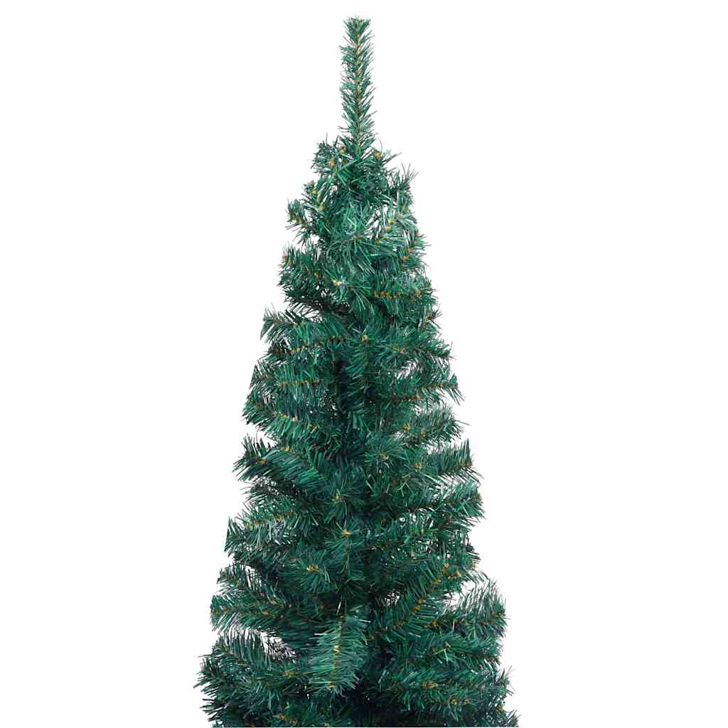 Slim green pre-lit artificial Christmas tree, 82.7 inches tall, with ball ornaments.