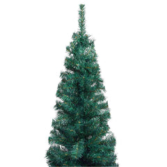 Slim green pre-lit artificial Christmas tree, 82.7 inches tall, with ball ornaments.