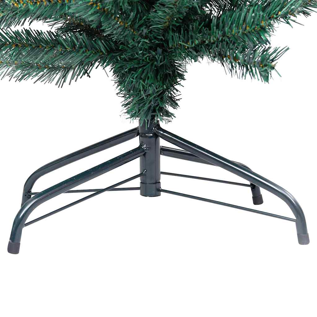 Slim green pre-lit artificial Christmas tree, 82.7 inches tall, with ball ornaments and metal stand.